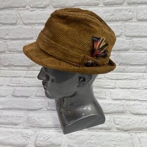 VTG Stetson Brown Corduroy Fedora Hat Men's Size 6 5/8  Logo Button  & Feather